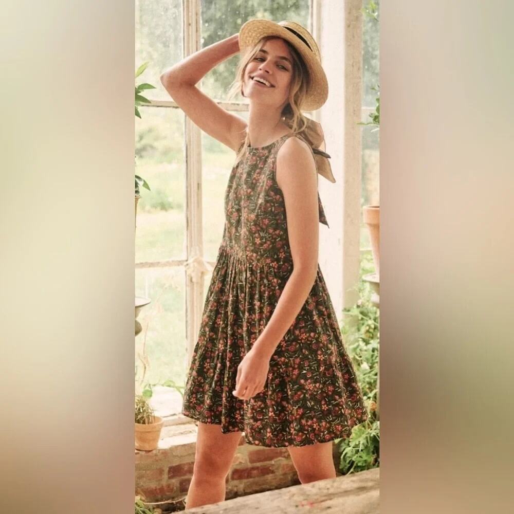 SEZANE Fifi Olive Cotton Floral Tie Back Mini Dress 34 / XS